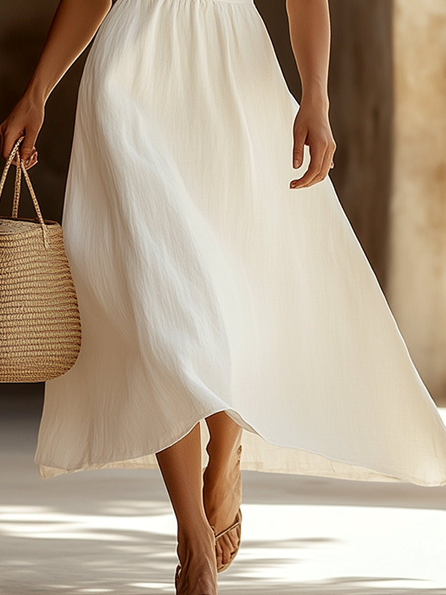 Classic And Comfortable White Cotton And Linen Sleeveless Maxi Dress
