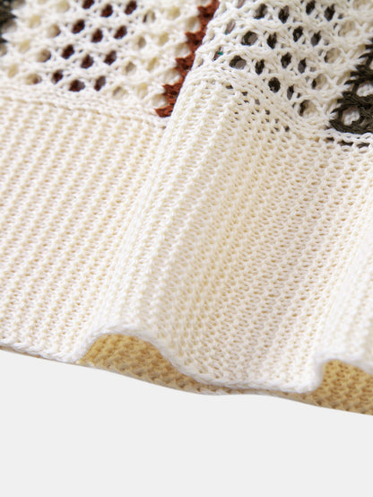 Striped Crochet V Neck Polo & Straight Leg Linen Pants