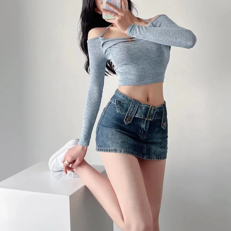 Mini-jupe en jean ceinturée Vixen