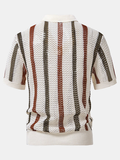 Striped Crochet V Neck Polo & Straight Leg Linen Pants